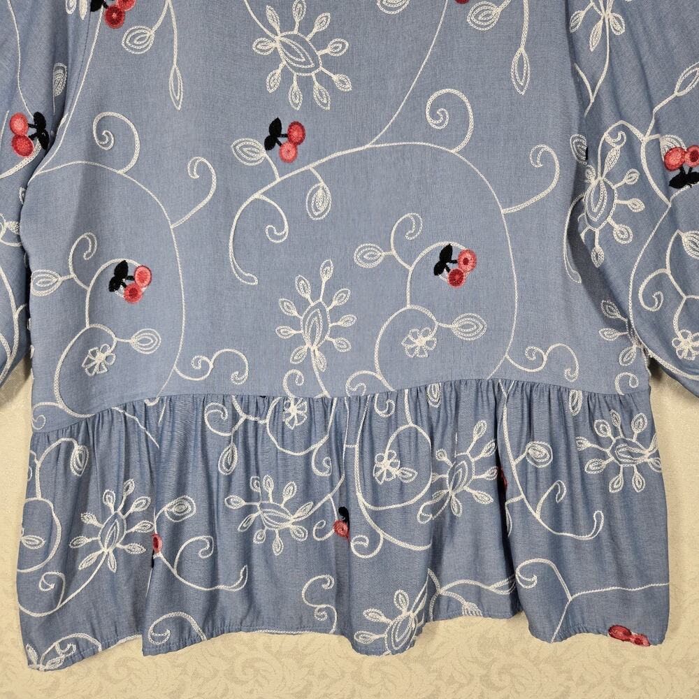 Ana & Rose Embroidered Peplum Blouse 2X Blue Cottagecore Boho Chambray Plus Size - Picture 3 of 13